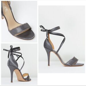 The Mode Collective Arielle Heeled Satin Open Toe Sandal in Charcoal